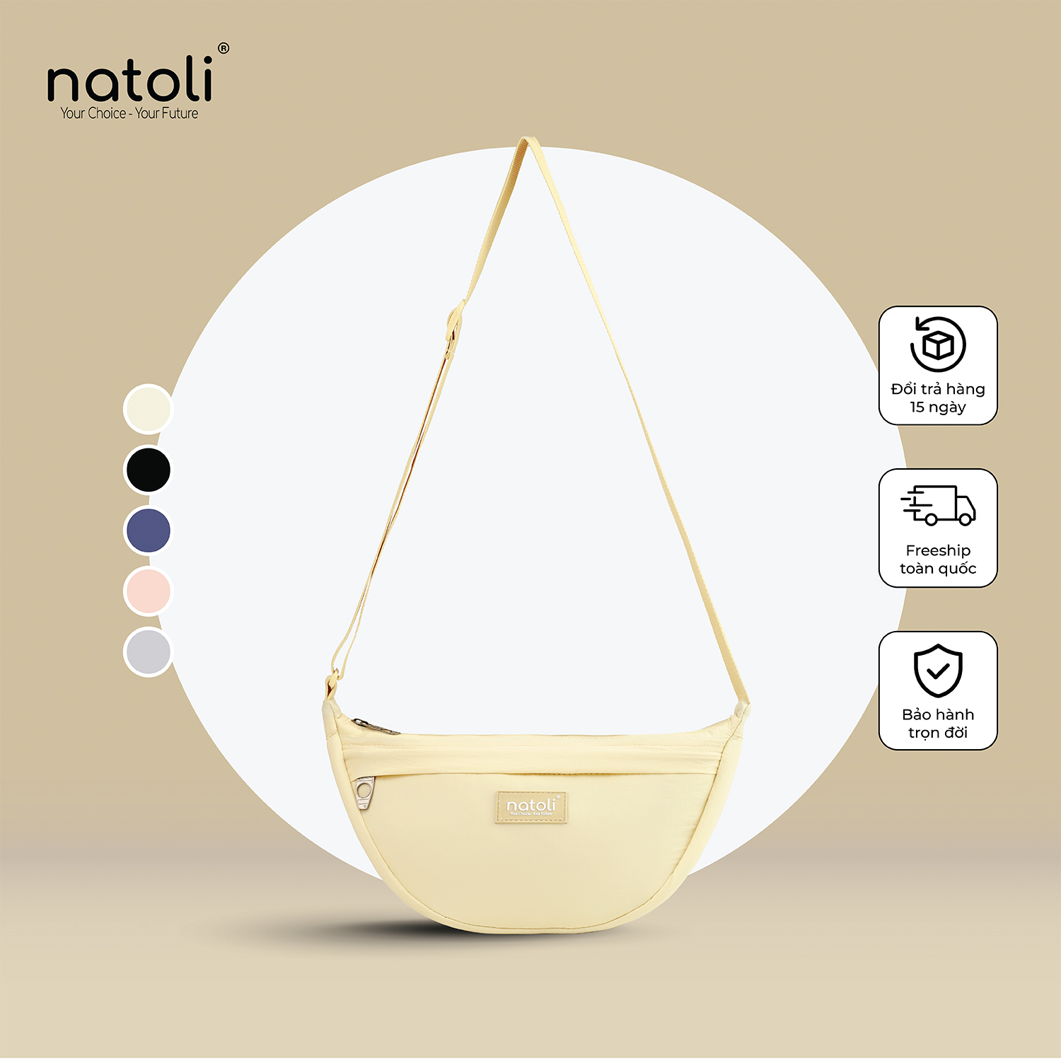 Túi phao đeo chéo nam nữ hình bán nguyệt NATOLI túi bánh bao chần bông vải canvas chống nước tốt BST Soft Touch Crossbag T26