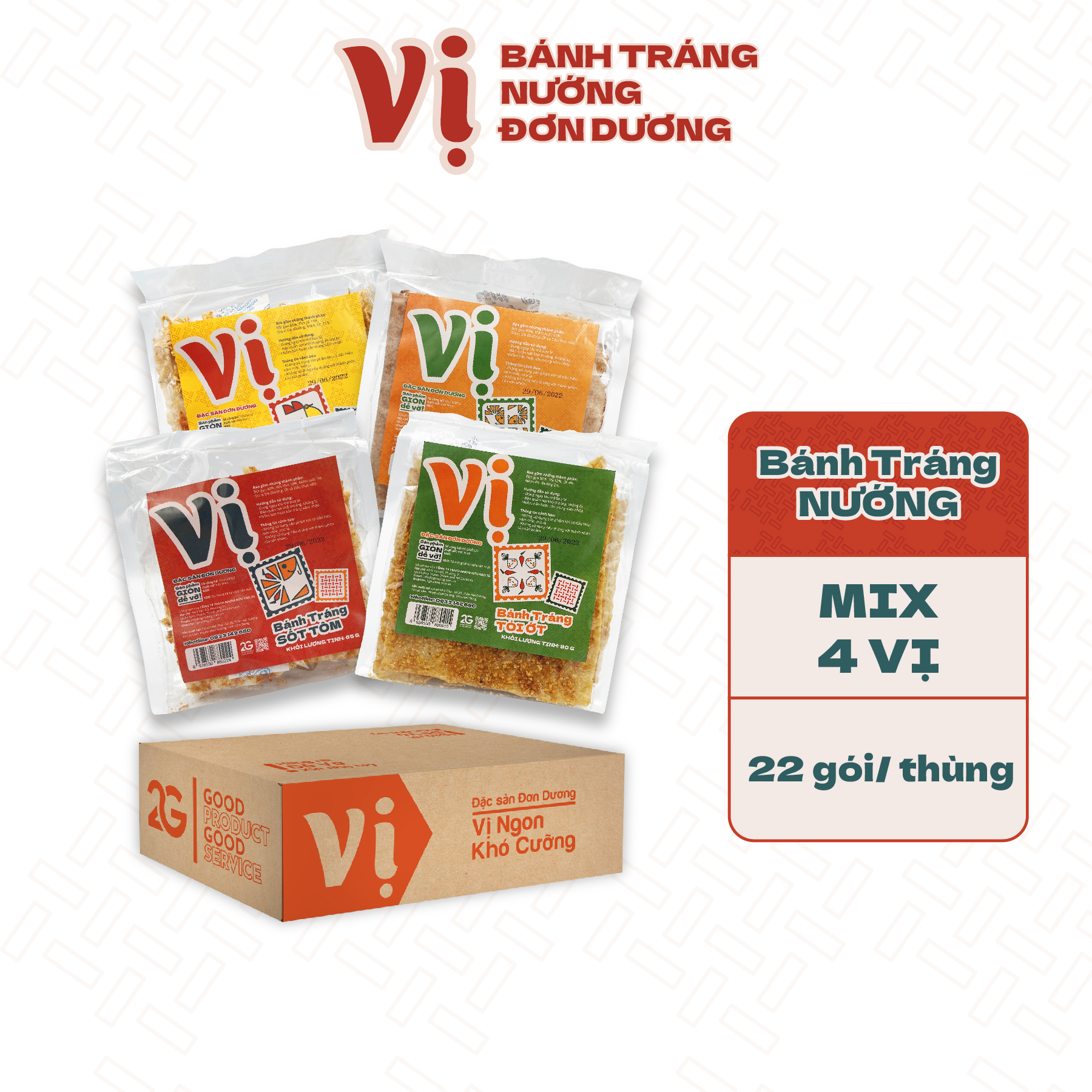 Thùng bánh tráng mix 4 vị mắm ruốc, sốt tôm, gà cay và tỏi ớt - đặc sản đơn dương