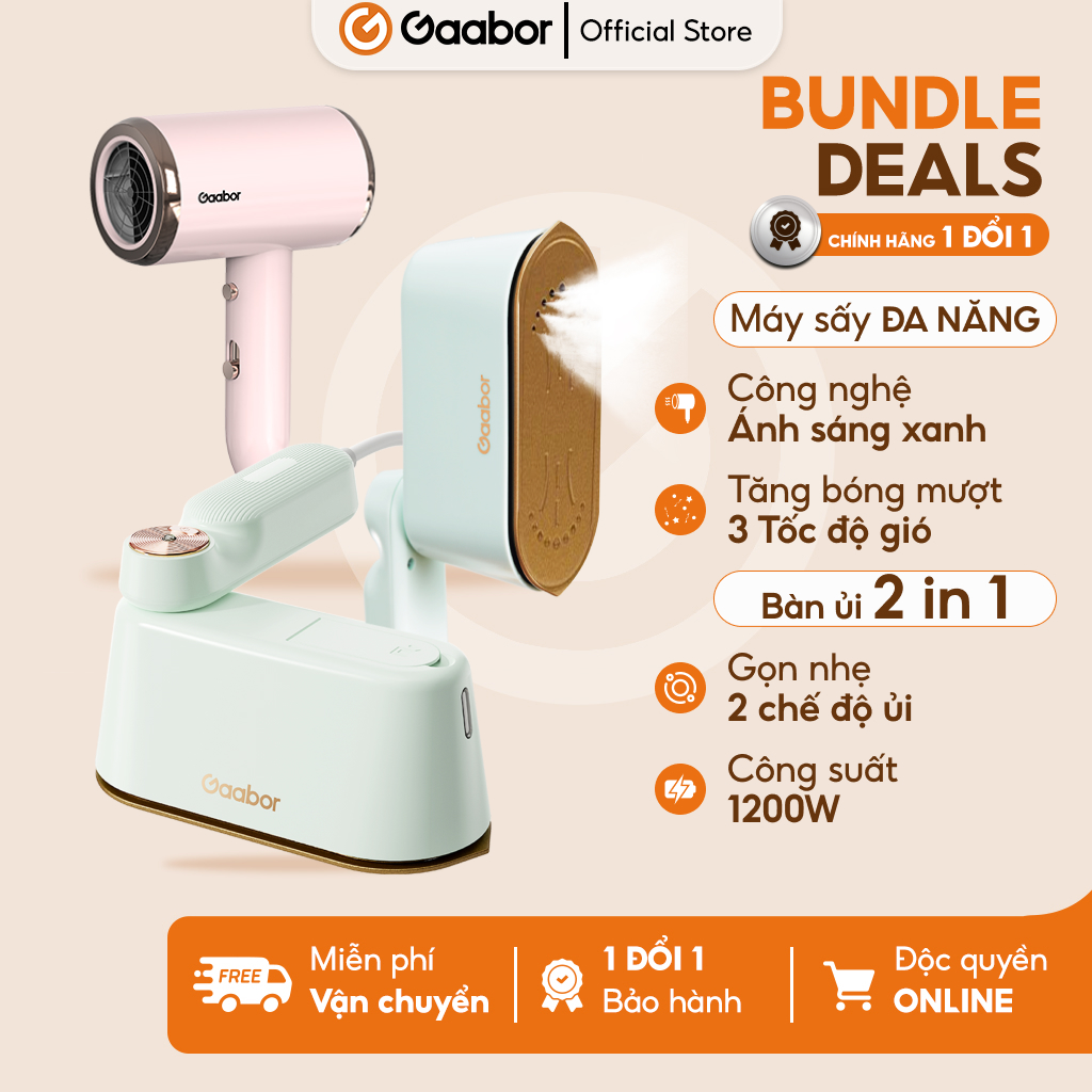 Combo Gaabor 08 bàn ủi hơi nước cầm tay HM-M01A và Máy sấy tóc 2 chiều GHD-N1000D - tiện lợi du lịch, bảo vệ tóc - Bảo hành 12 tháng 1 đổi 1