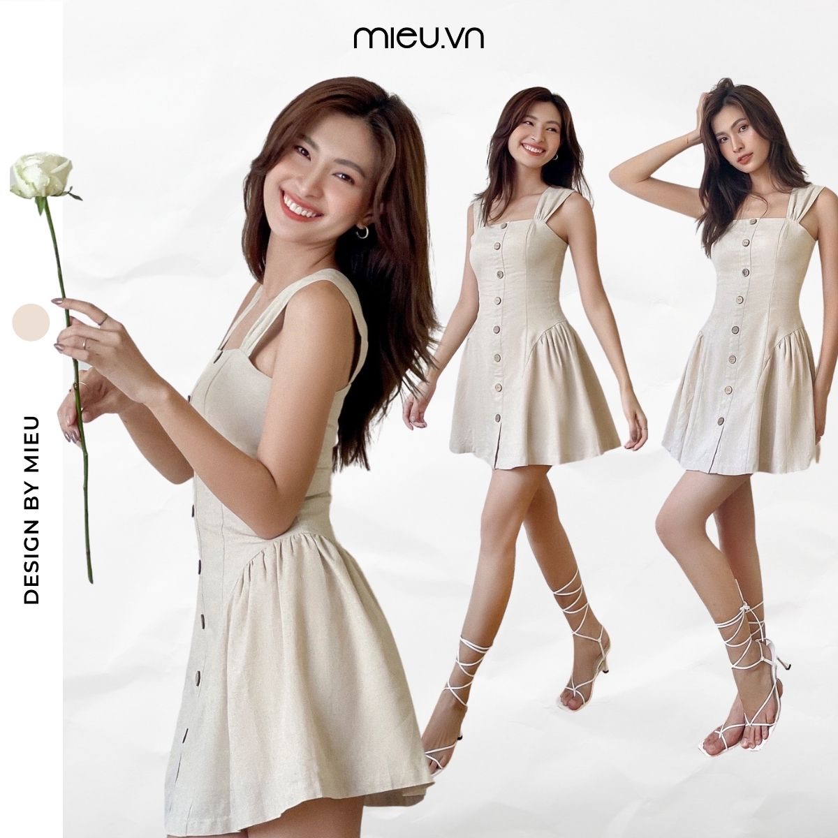 Đầm ngắn mieu linen nút gỗ - gn20