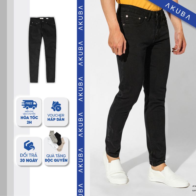 Quần jean nam đen trơn co giãn AKUBA chất liệu Denim, độ dày vừa phải, phong cách Hàn Quốc | 01AB2082