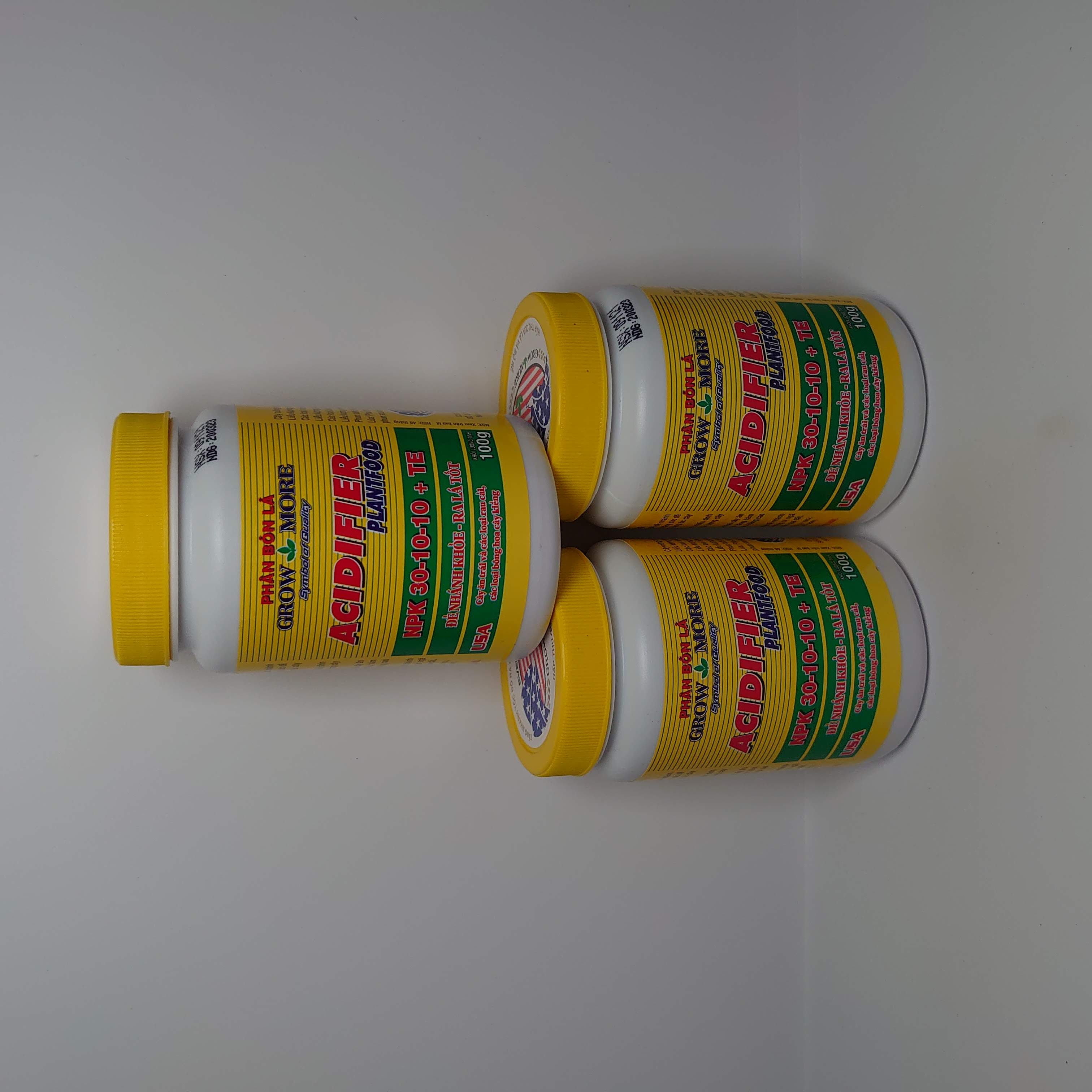 Phân bón lá grow more acidifier plantfood npk 30-10-10+te. đẻ nhánh khỏe- ra lá tốt. set 3 hũ 100g x 3