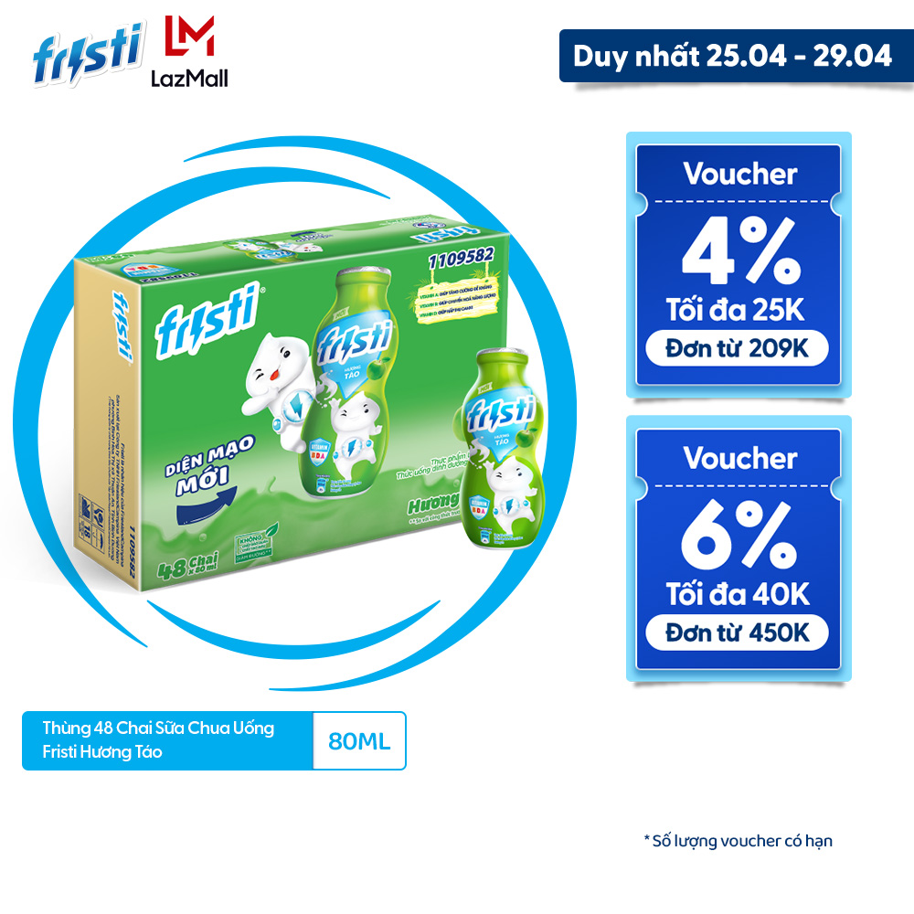 [25 - 29/4 VOUCHER ĐẾN 1 TRIỆU]Thùng 48 Chai Sữa Chua Uống Fristi Hương Táo 80ml (48x80ml)