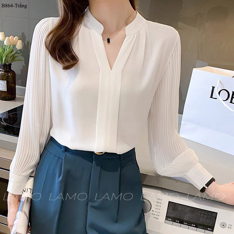 Áo sơ mi nữ cổ tàu tay dập ly-b864