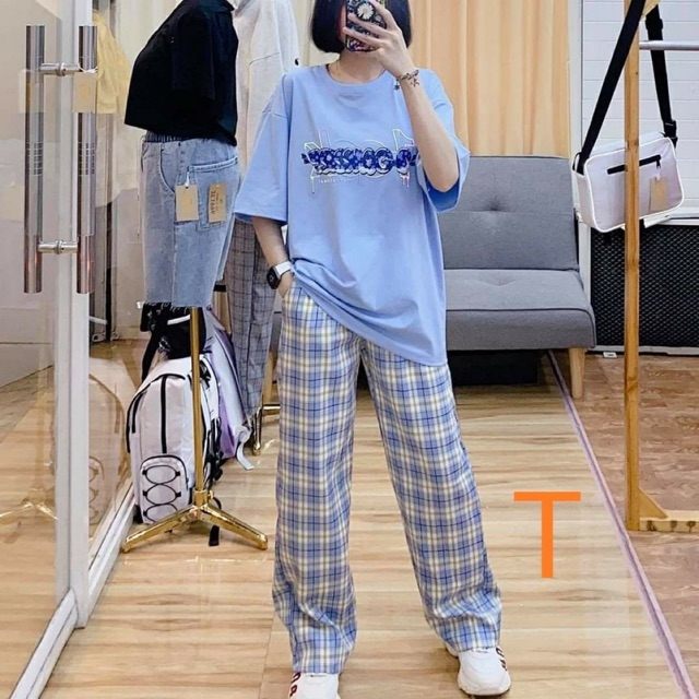 [HCM]Set áo thun look kèm quần kẻ ống rộng cá tính (Xanh và Hồng)