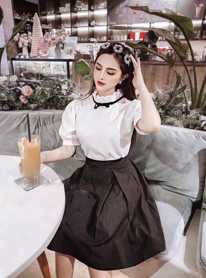 SÉT ÁO VÁY CÔNG SỞ CỘT NƠ VÀ CHÂN VÁY ĐÍNH NÚT THANH LỊCH THỜI TRANG THIẾT KẾ LANCHI CS70