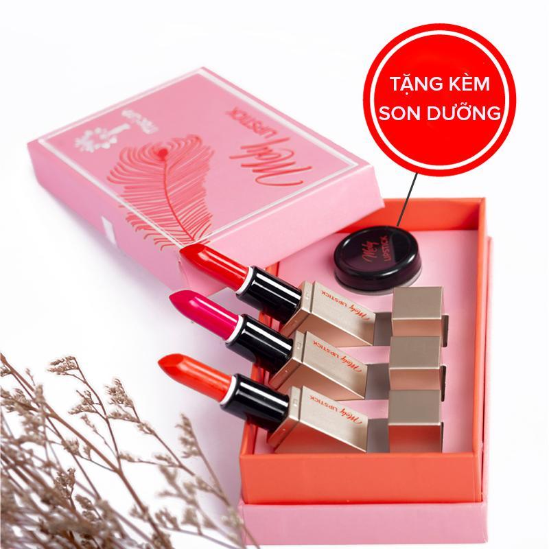 Combo 03 son lì dạng thỏi cao cấp moly kháng nước, lâu trôi, siêu mịn + tặng kèm son dưỡng môi