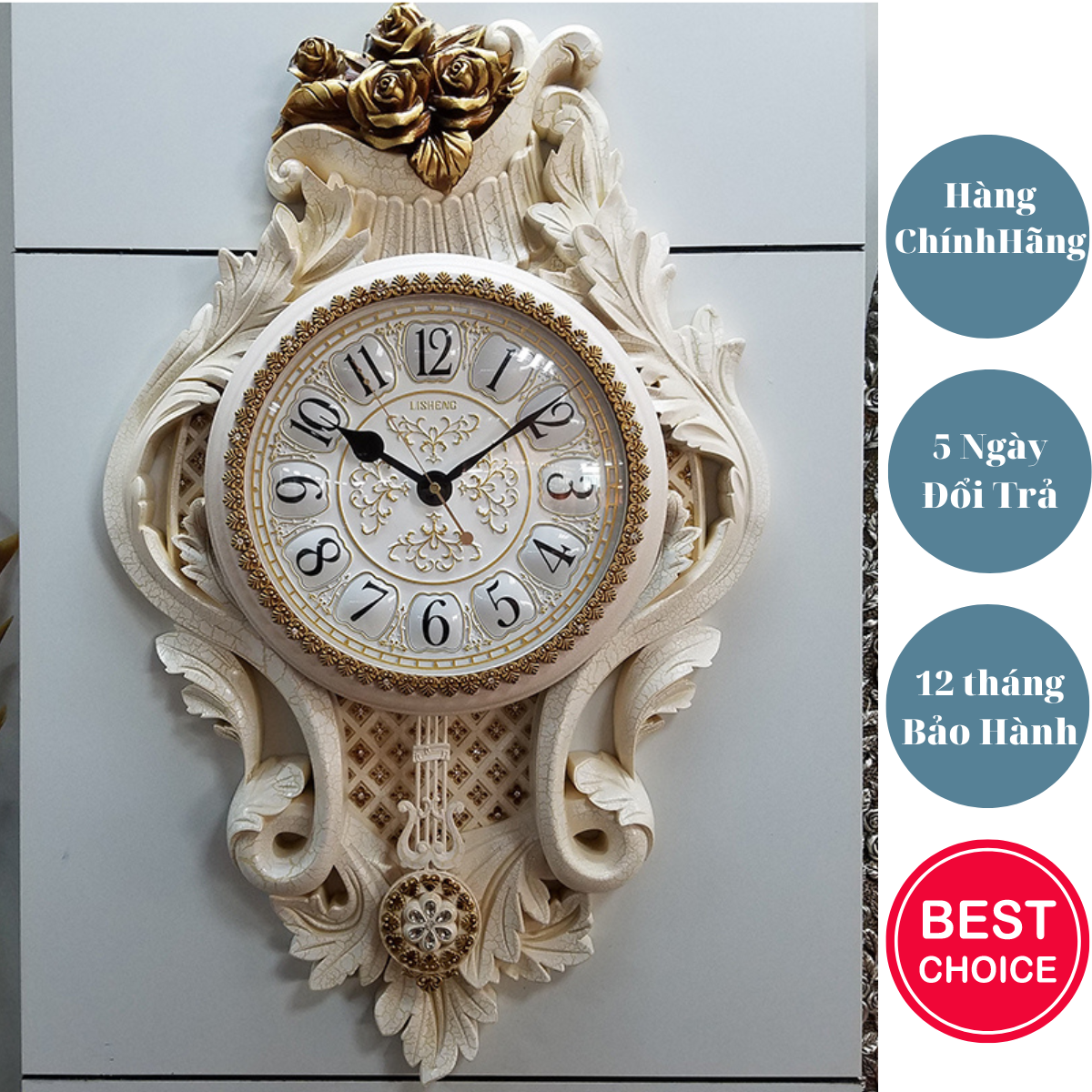 Đồng hồ treo tường tân cổ điển, kích thước 46x75cm, Đồng hồ quả lắc, động cơ tĩnh âm, quả lắc dao động, Mã DH08