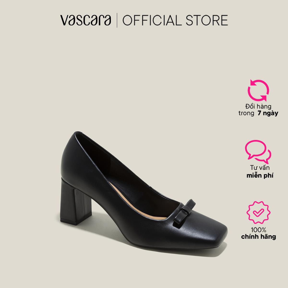 Vascara giày bít mũi vuông gót trụ đính nơ trang trí - bmn 0613