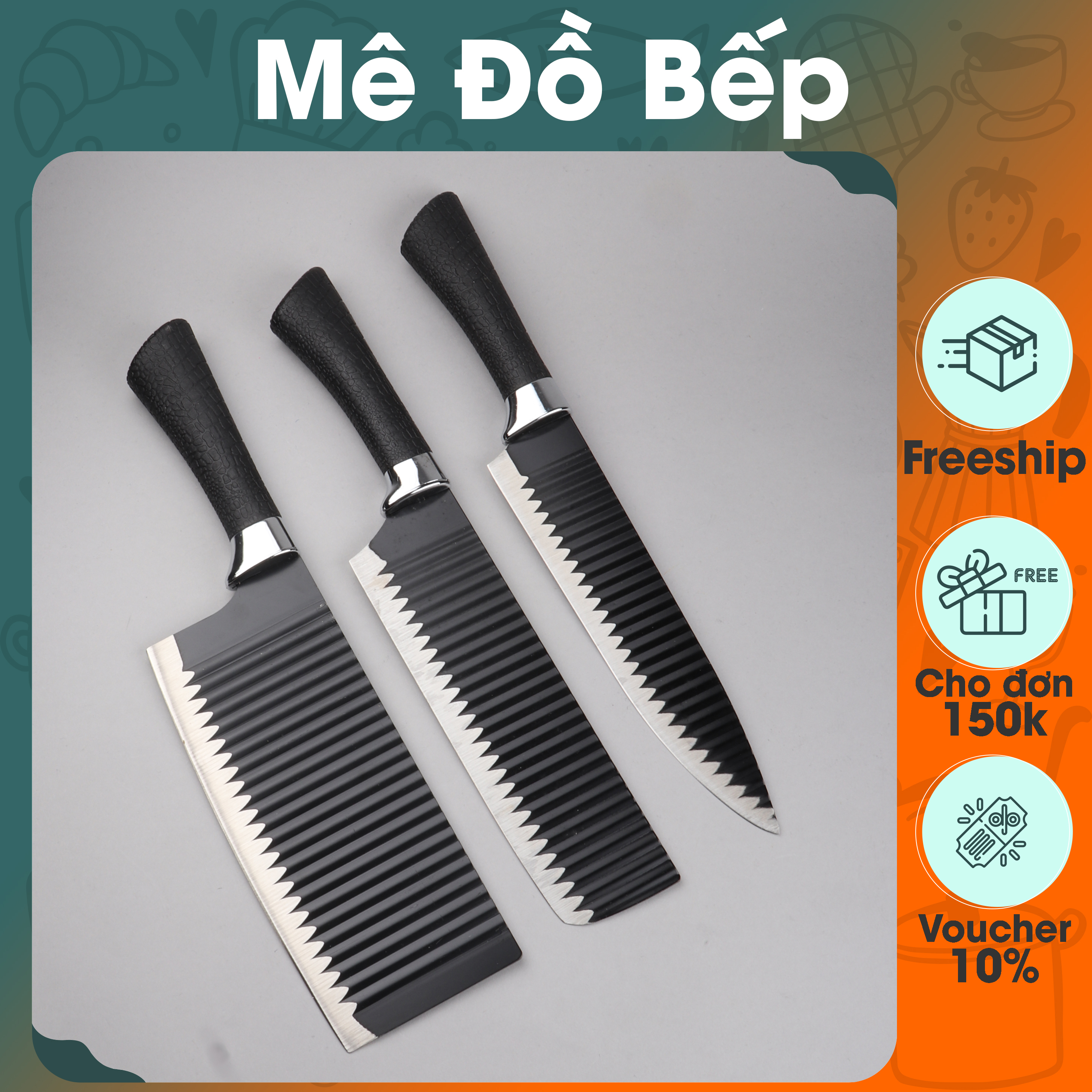 Set Dao bếp đa năng inox Bam House lưỡi gợn sóng siêu bén cán cao su cao cấp DGS01 - Gia dụng bếp