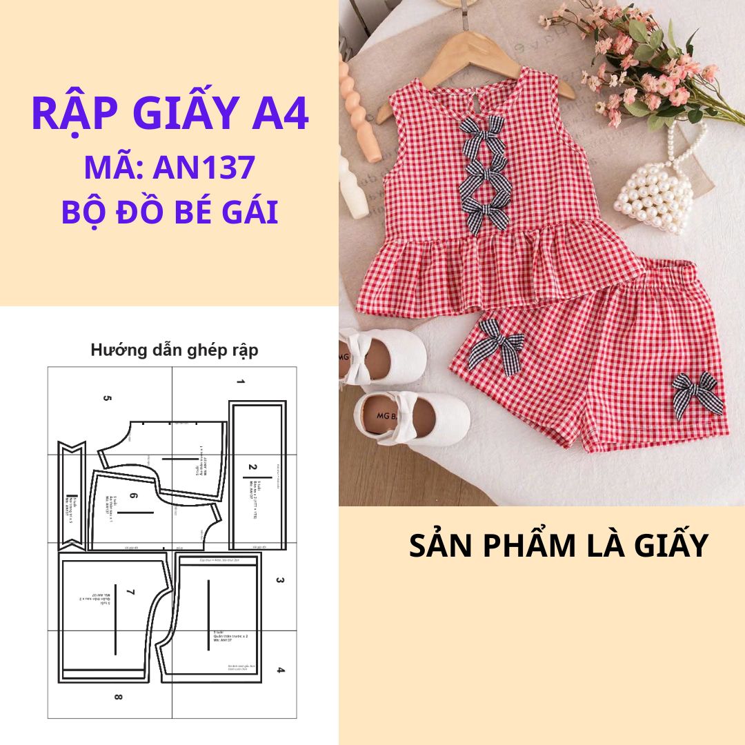 Rập giấy A4 cắt ghép may bộ đồ áo bèo gấu kèm quần bé gái - AN137