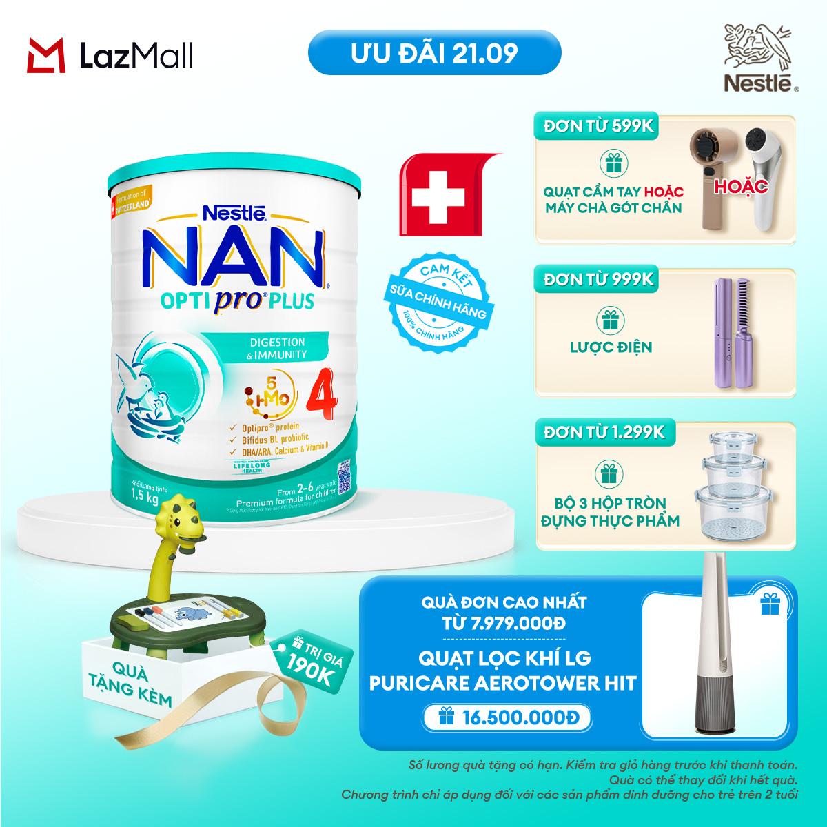 [Tặng Đồ chơi kèm đèn chiếu hoạt hình] Sữa bột Nestlé NAN OPTIPRO PLUS 4 1500g/lon với 5HMO Giúp tiêu hóa tốt