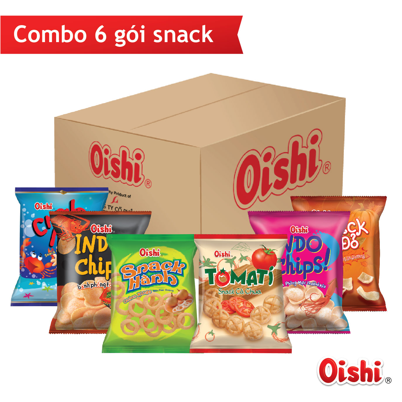 Oishi Combo1 - 6 gói snack 35g (Snack Cua Sốt Chua Ngọt, Snack Phồng Tôm Hùm, Snack Hành, Snack Cà Chua, Snack Bí Đỏ, Snack Phồng Mực)