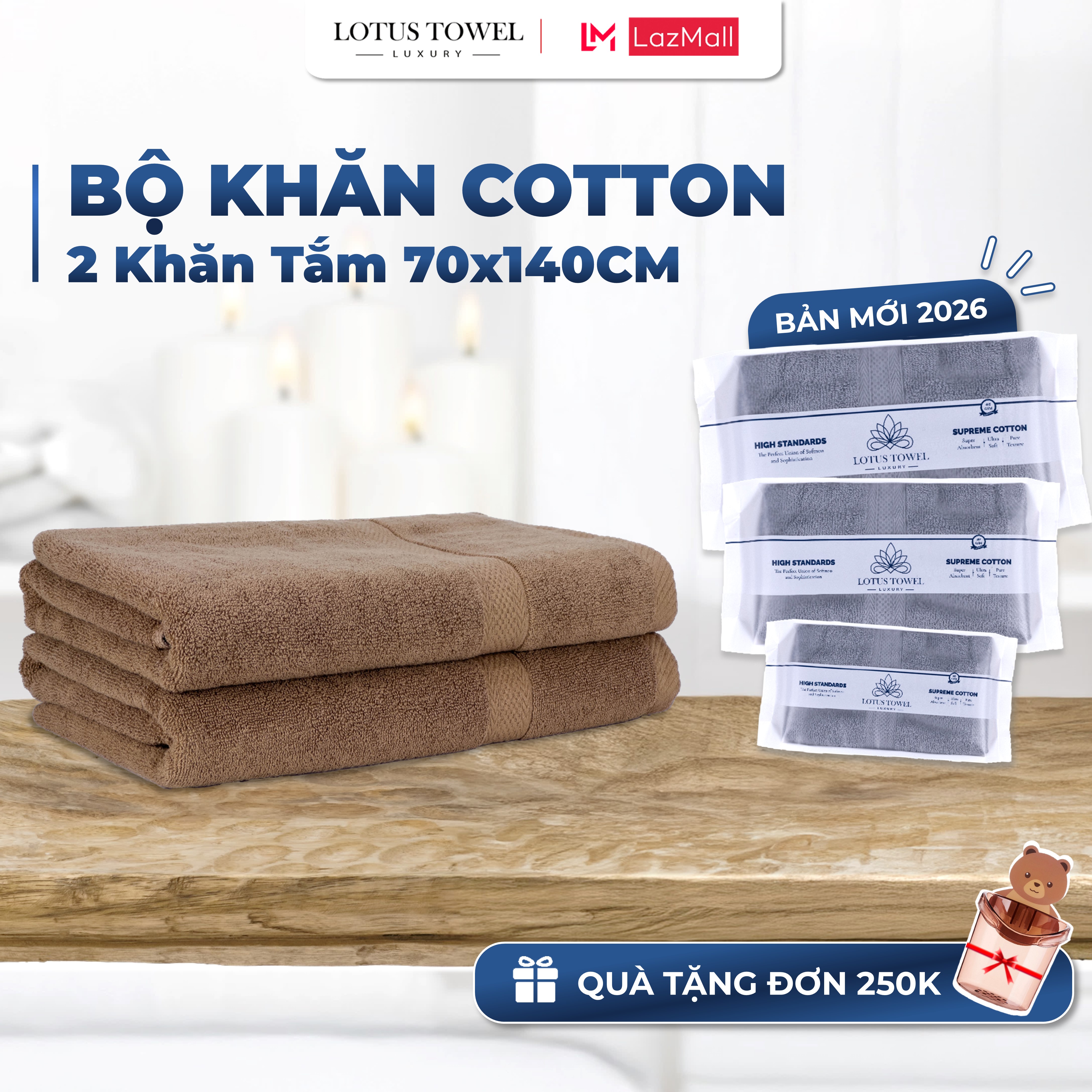  Bộ 2 Khăn Tắm 70x140cm LOTUS TOWEL 100% Cotton Cao Cấp Mềm Mịn Thấm Hút Không Ra Màu 