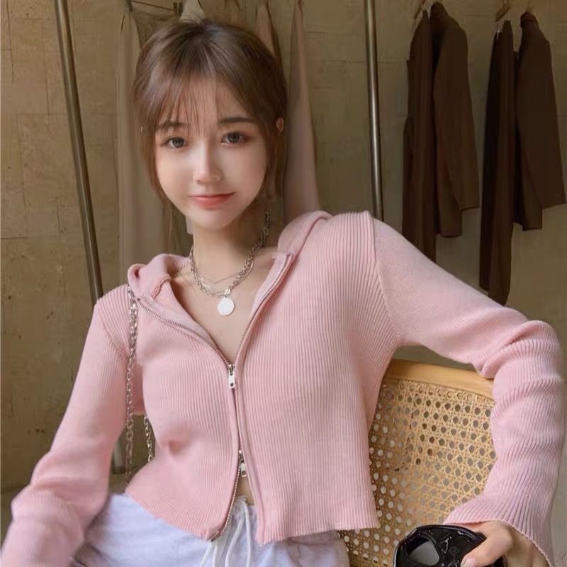 [HCM]Áo Len Dệt Kim Mỏng Có Nón  Áo Khoác Cardigan Dây Kéo Ngắn