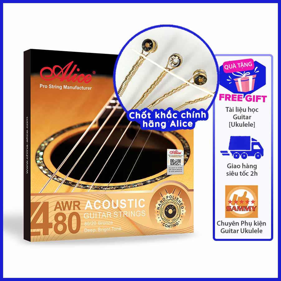 Dây Đàn Guitar Acoustic AWR480 Alice công nghệ phủ nano đa lớp - Chống rỉ sét tuổi thọ cao - Chốt CH Alice Bộ 6 dây