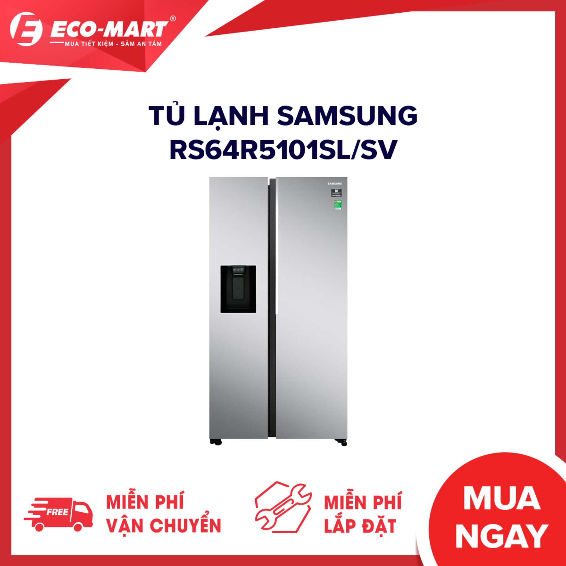 Tủ lạnh Samsung RS64R5101SL/SV điện áp ~ 1.78 kW/ngày Inverter 617 lít Inverter tiết kiệm điện Ngăn đá lớn Làm đá tự động Chuông báo cửa mở Lấy nước bên ngoài Lấy đá bên ngoài
