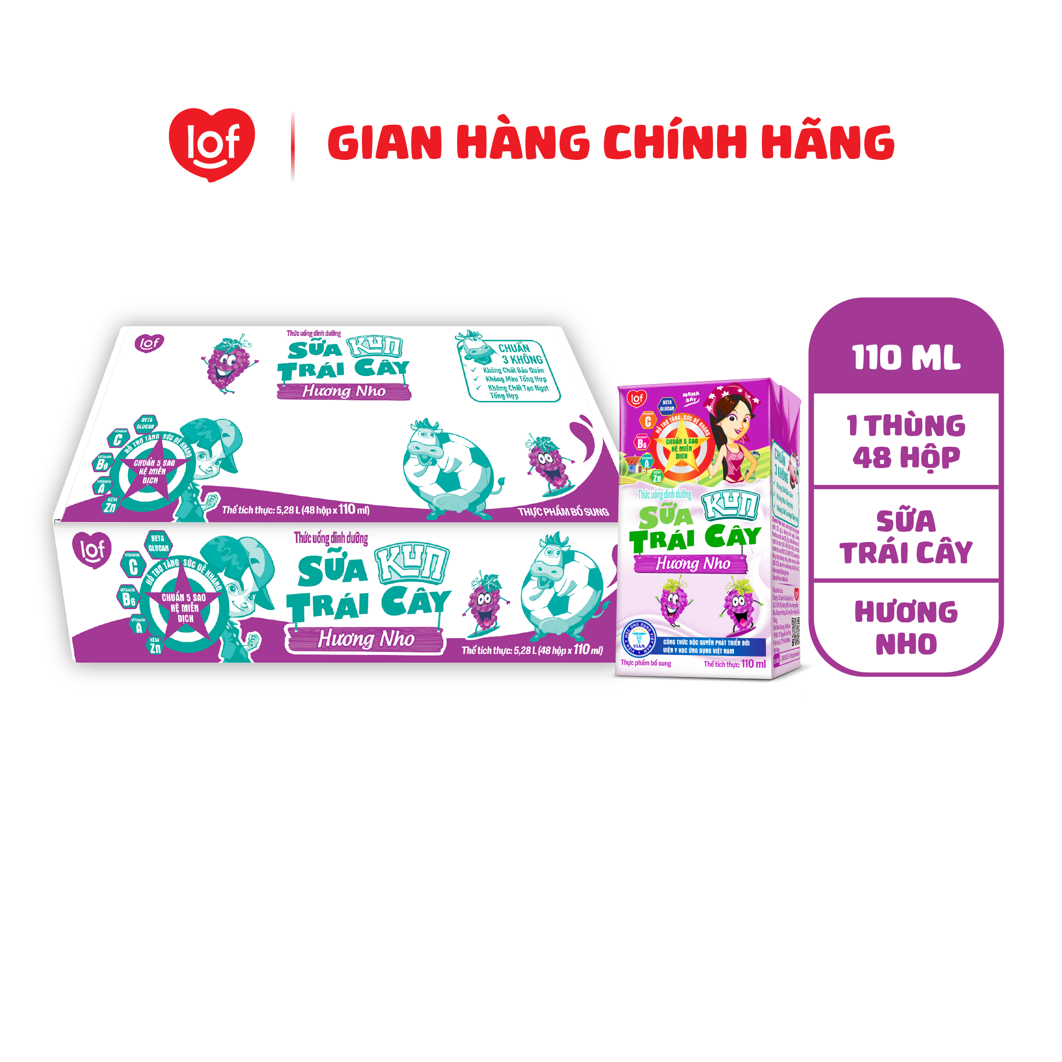 Sữa trái cây kun vị nho thùng 48 hộp x 110ml
