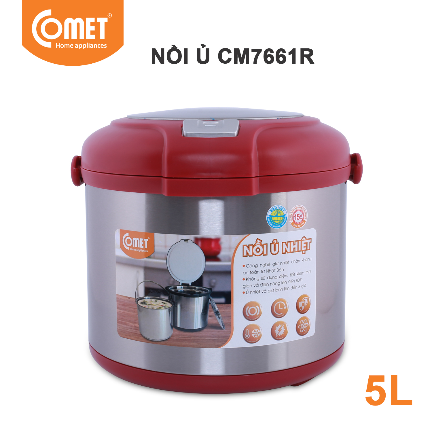 Nồi Ủ Nhiệt COMET CM7661 dung tích 5.0L làm mềm thực phẩm, giữ nóng giữ lạnh, đảm bảo dinh dưỡng trong quá trình chế biến - Hàng chính hãng - Bảo hành 12 tháng