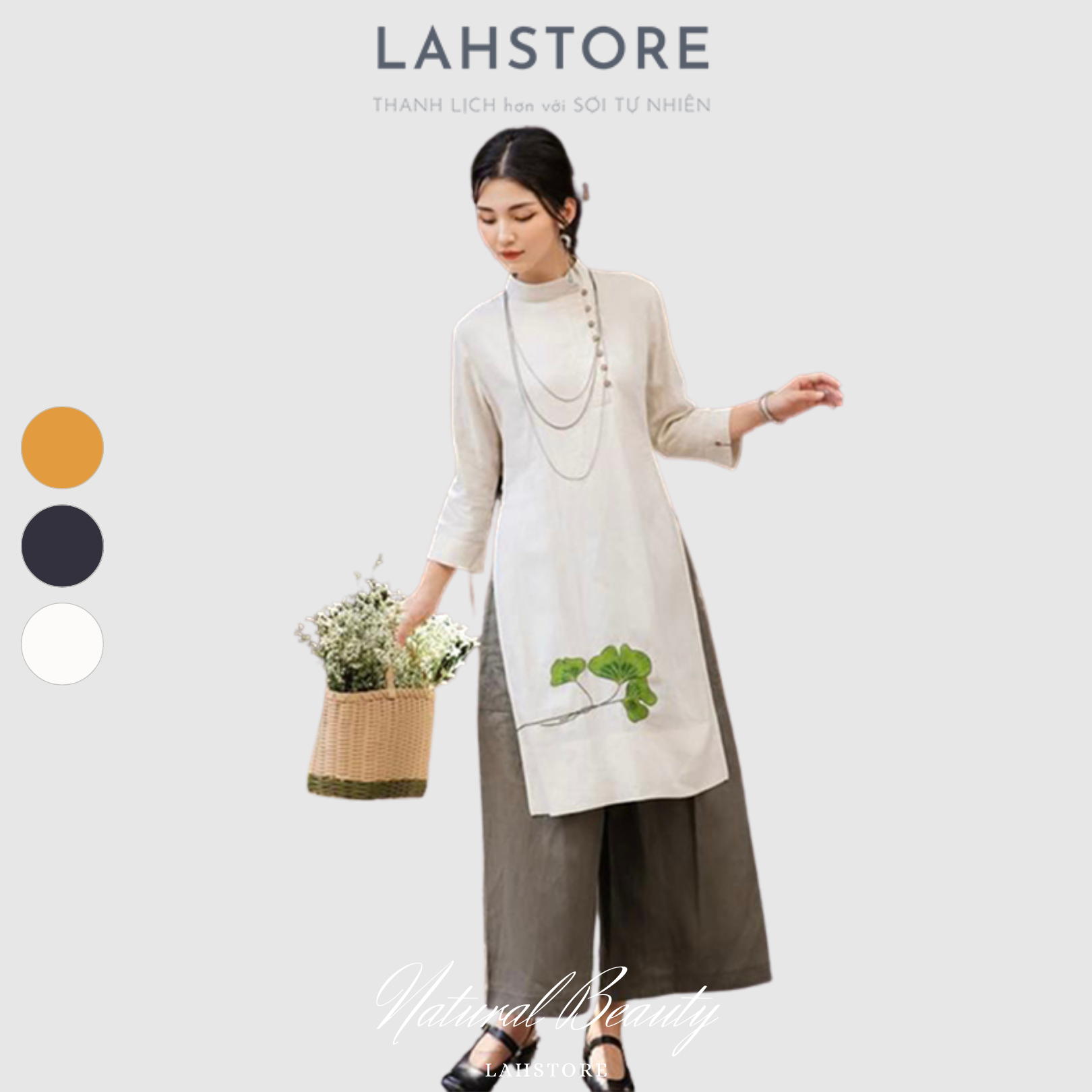 Áo dài cách tân nữ LAHSTORE vải linen premium cúc lệch thêu hoa