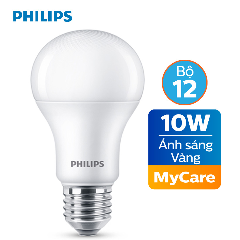 Bộ 12 bóng đèn philips led mycare 10w 3000k e27 a60 - ánh sáng vàng