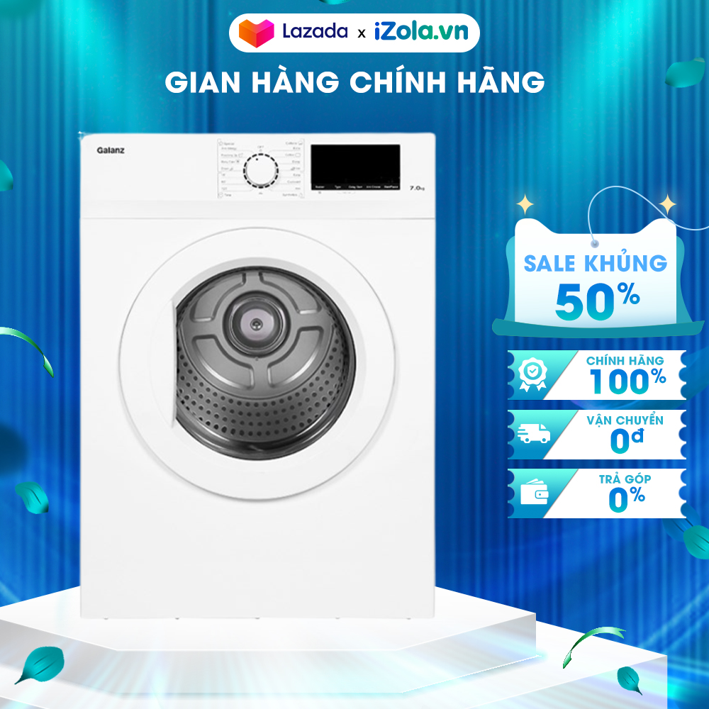 Máy sấy thông hơi Galanz 7 kg DV70T5C Cảm biến độ ẩm Sensor Dryer Sấy đảo chiều giảm nhăn Khóa trẻ em