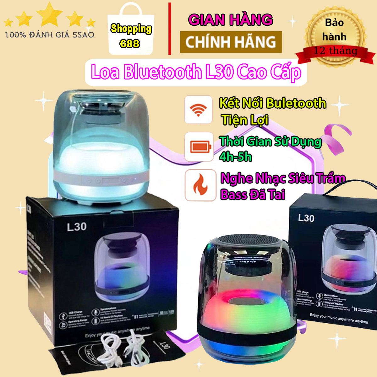 Loa nghe nhạc bluetooth l30, loa bluetooth có đèn led, âm thanh sống động, đèn led 3d trong suốt đuổi màu, chuẩn bass căng đét, cổng sạc usb, sạc pin tích điện, loa bluetooth cao cấp , loa bluetooth pin trâu, loa bluetooth bass mạnh