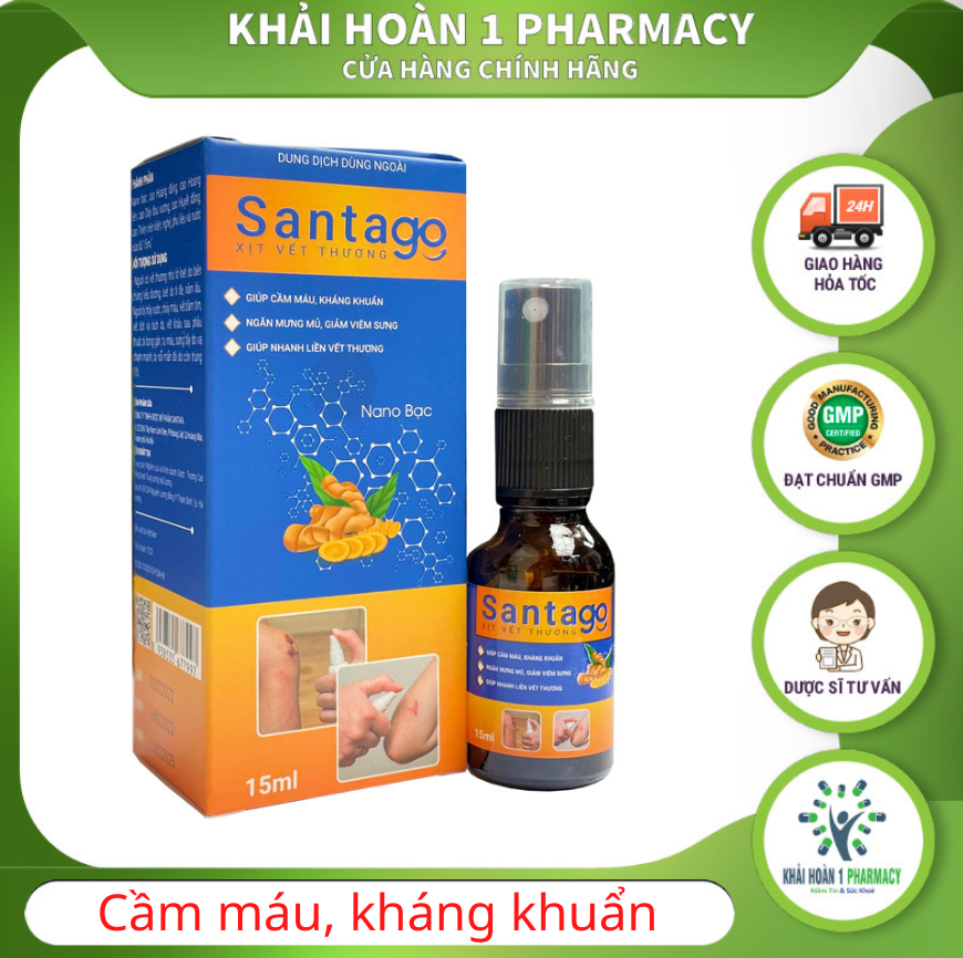 Dung dịch xịt vết thương SANTAGO giúp cầm máu, kháng khuẩn, giảm sưng viêm vết thương an toàn - Chai 15ml