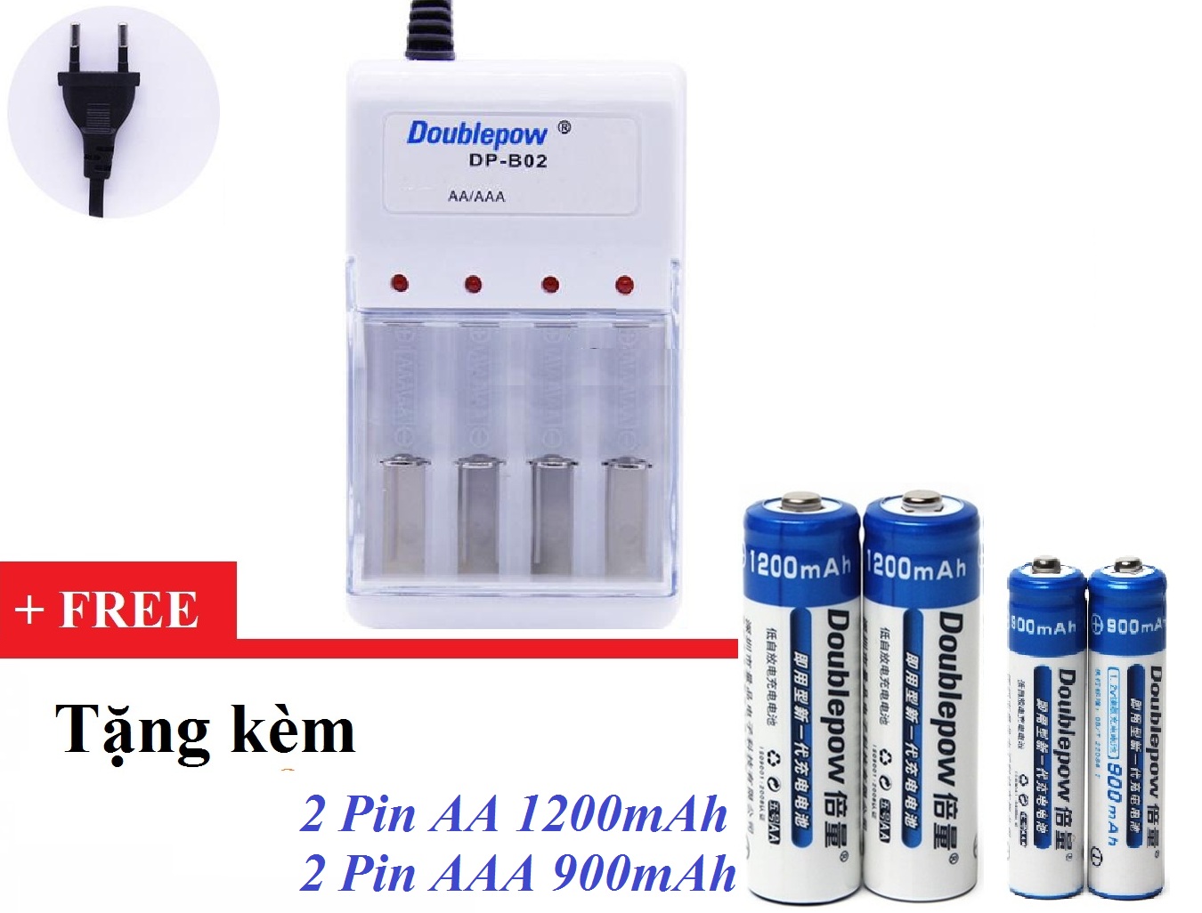Combo Bộ sạc Doublepow DP-B02 Tặng 4 Pin tiểu sạc (2Pin AA 1200mAh và 2 Pin AAA 900mAh)