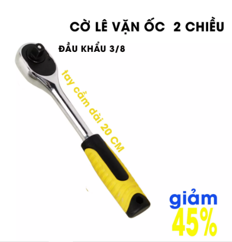 Cờ lê xiết ốc 2 chiều 3/8 dài 20 cm tay tay cầm có cao su chống trượt  Tặng 2 ốc chuyển từ 3/8 xuống 1/4 và 3/8 lên 1/2.