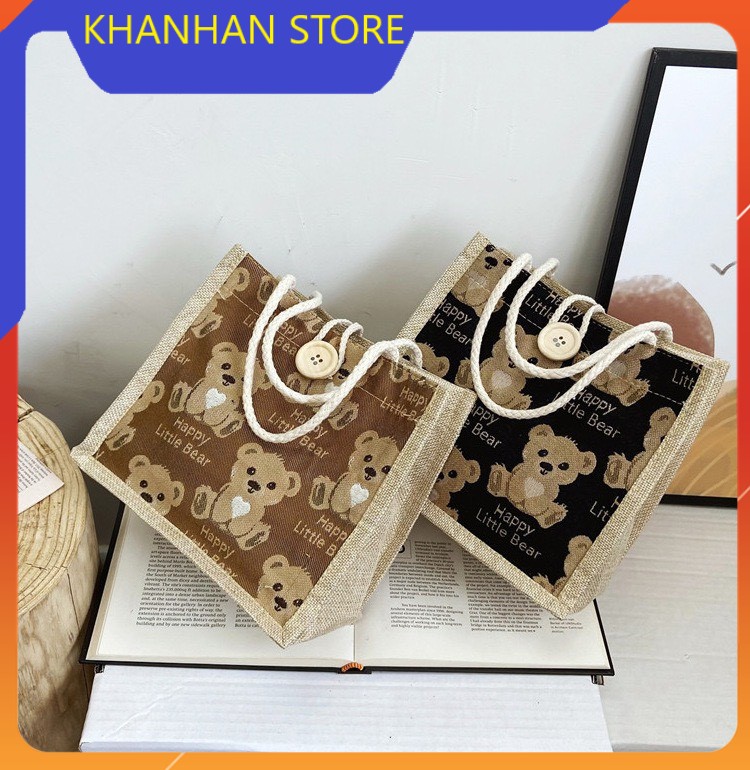 [HCM]Túi Cói Hoạt hình Mini Size Túi Phong Cách Vintage Túi du lịch - CÓI GẤU NÚT CÀI