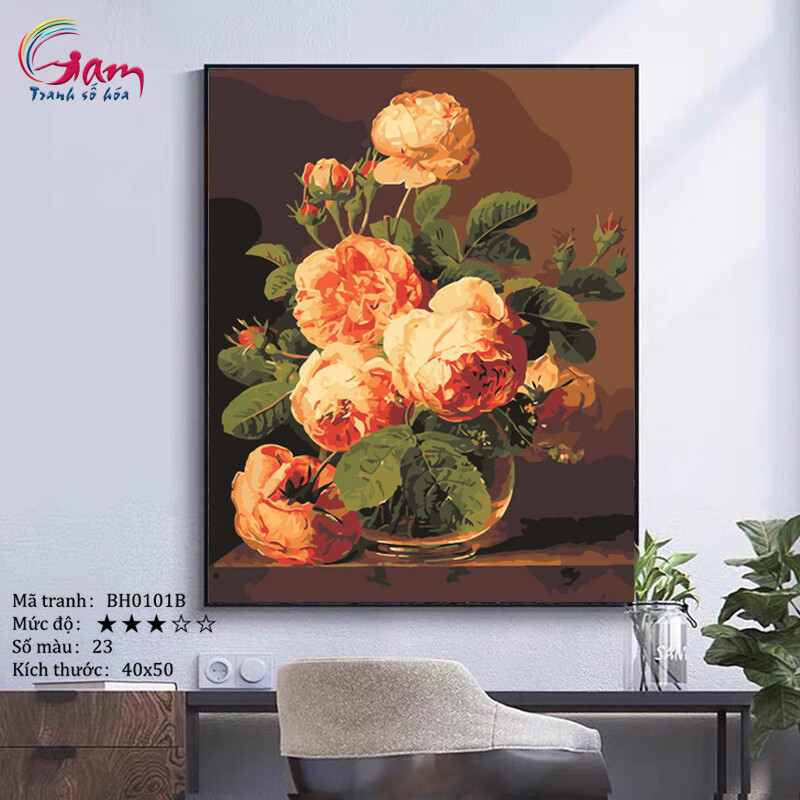 Tranh sơn dầu số hóa tự vẽ DIY Có khung Bình hoa cổ - Mã BH0101B Tranh Trang trí Sang trọng Làm quà tặng Giảm Stress