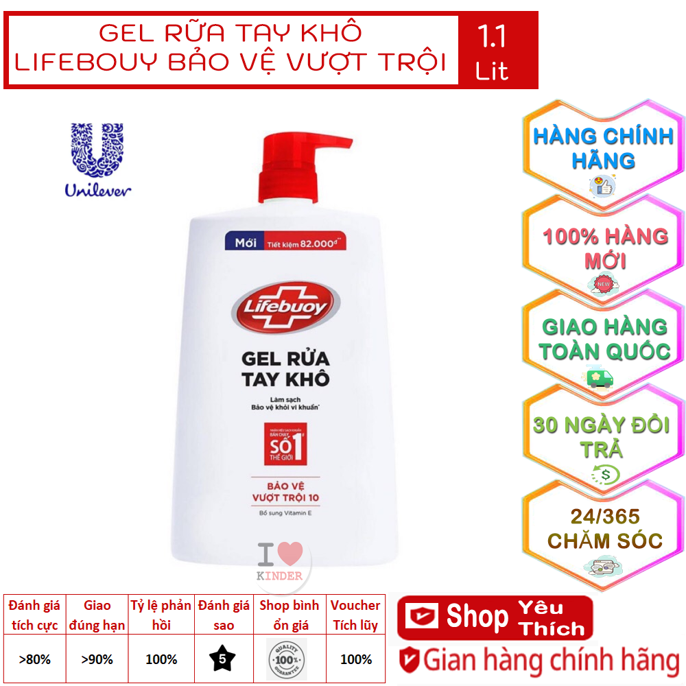 Gel rửa tay khô sạch siêu nhanh Lifebuoy Bảo Vệ Vượt Trội 10 1.1L