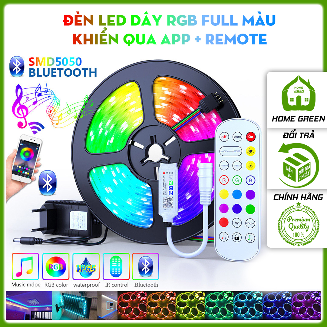 Đèn Led dây RGB 5050 nháy theo nhạc điều khiển bằng App điện thoại qua Bluetooth + remote dài 3m, 5m, 10m