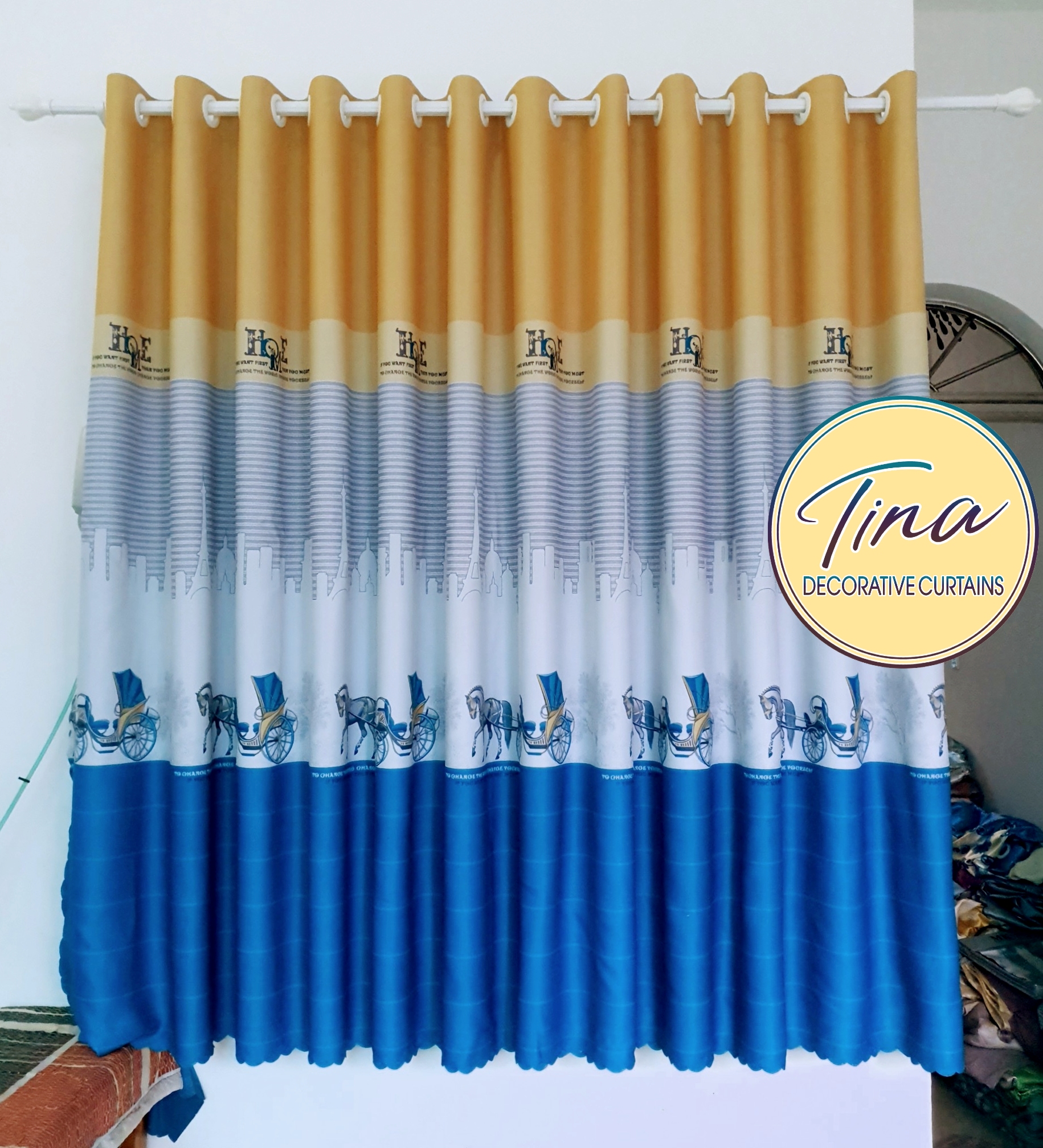 Rèm cửa sổ, cửa phòng ngủ, rèm ngăn phòng chống nắng giá rẻ, vải gấm cao cấp 3 lớp hoạ tiết xe ngựa siêu đẹp TNL-015