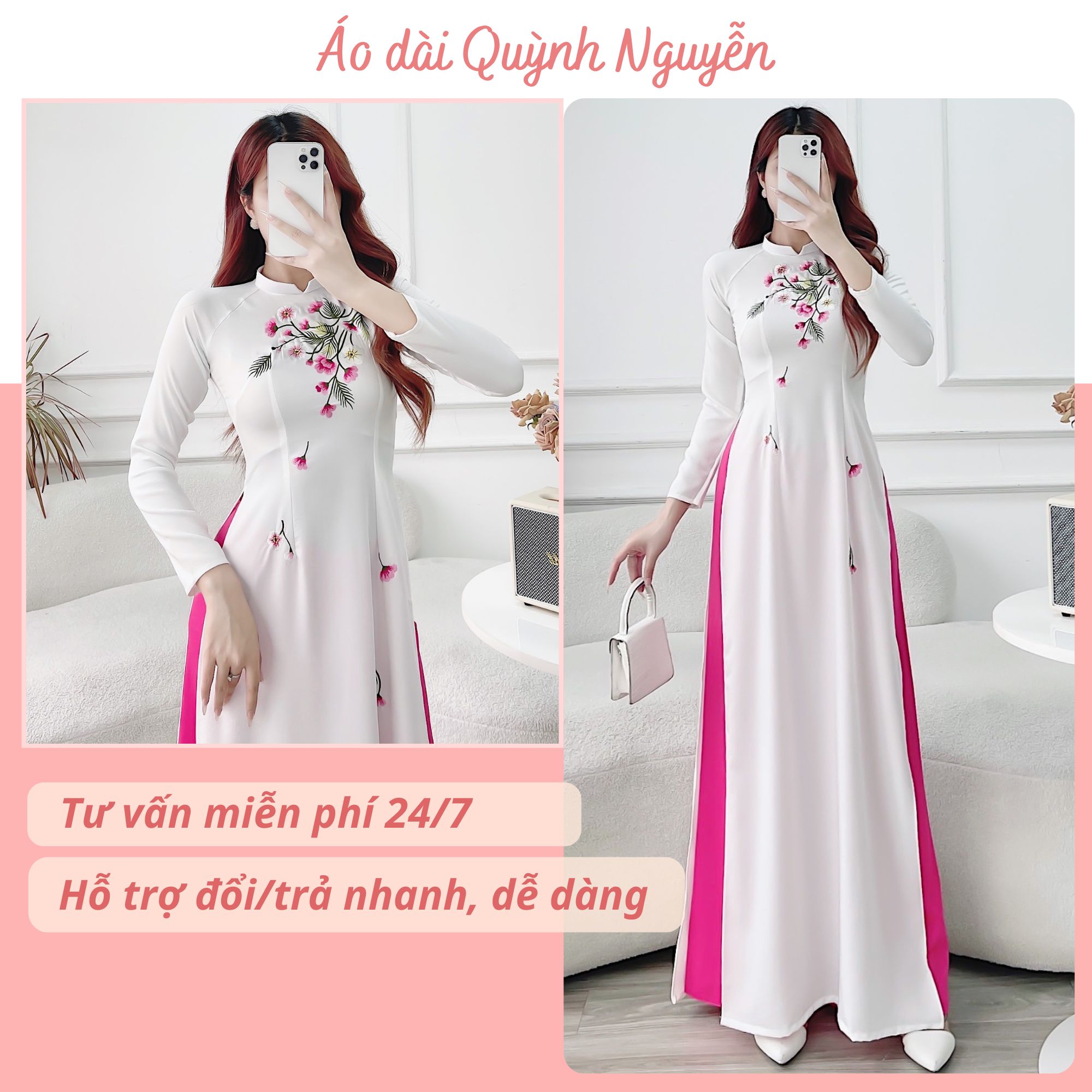 Áo dài áo dài cách tân lụa tây thi thêu thủ công MÃ TK13