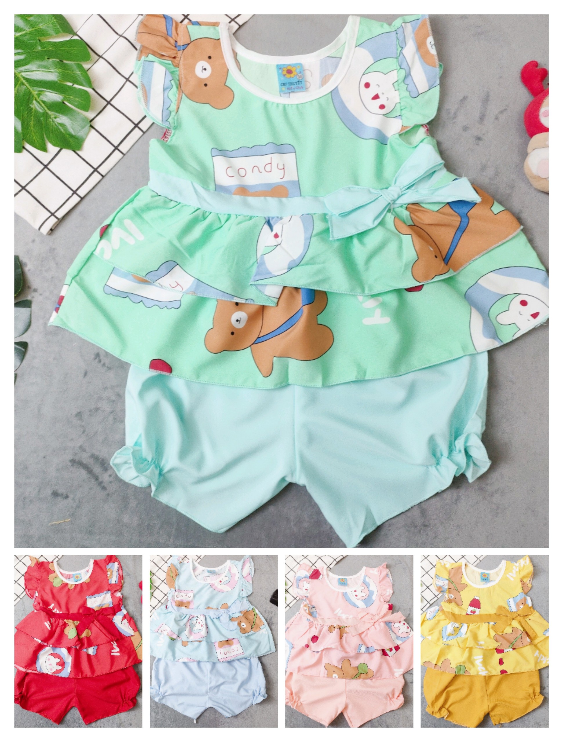 Bộ lụa tầng phối nơ bé