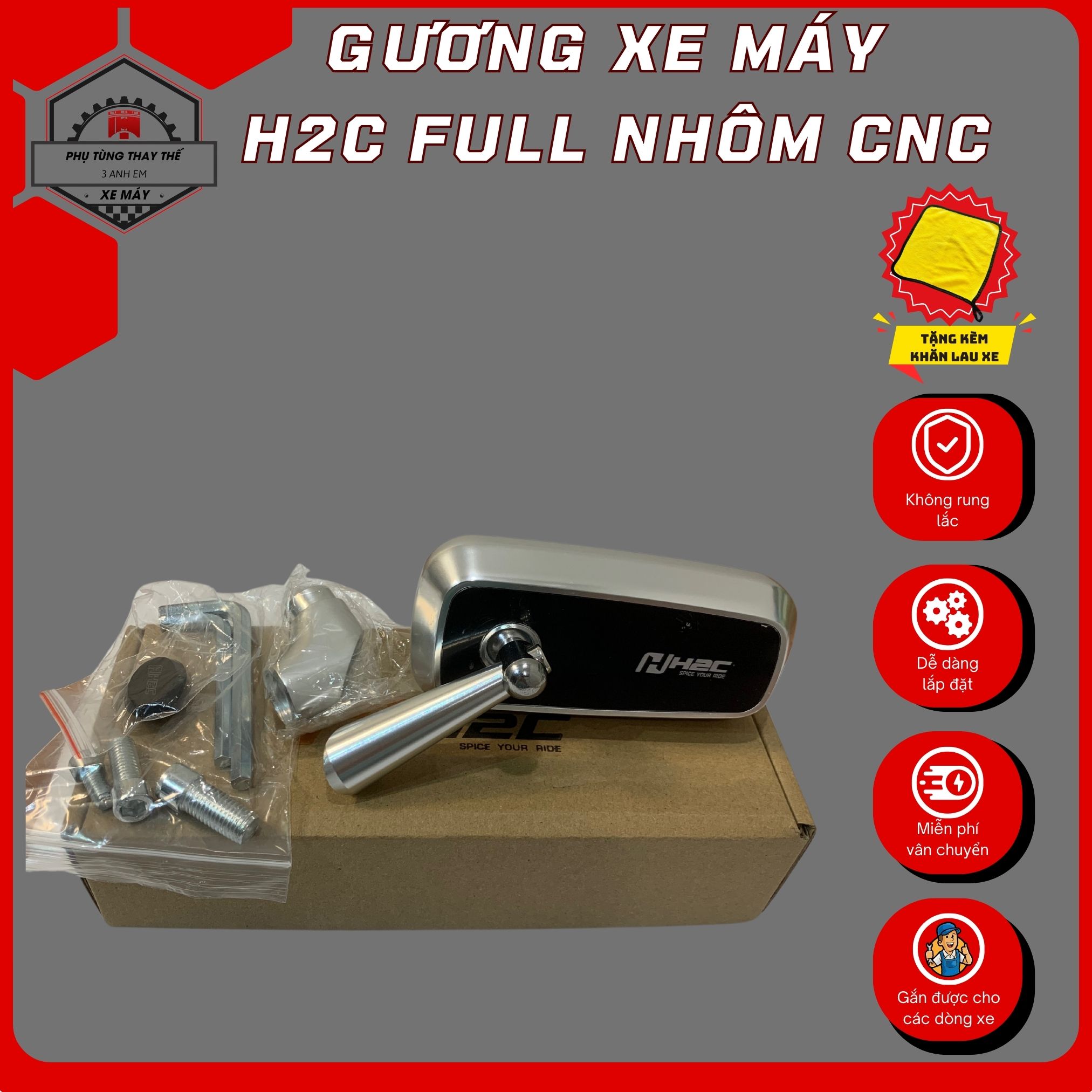 Gương H2C nhôm CNC cao cấp Fullbox đi kèm phụ kiện