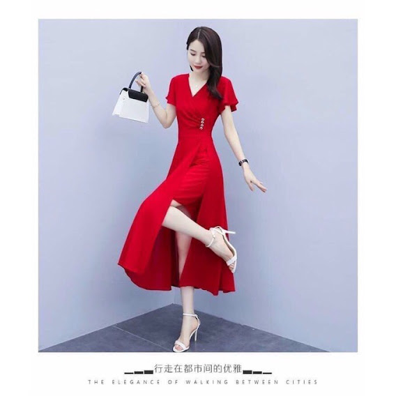 Đầm xoè cổ v đắp chéo tay cánh tiên