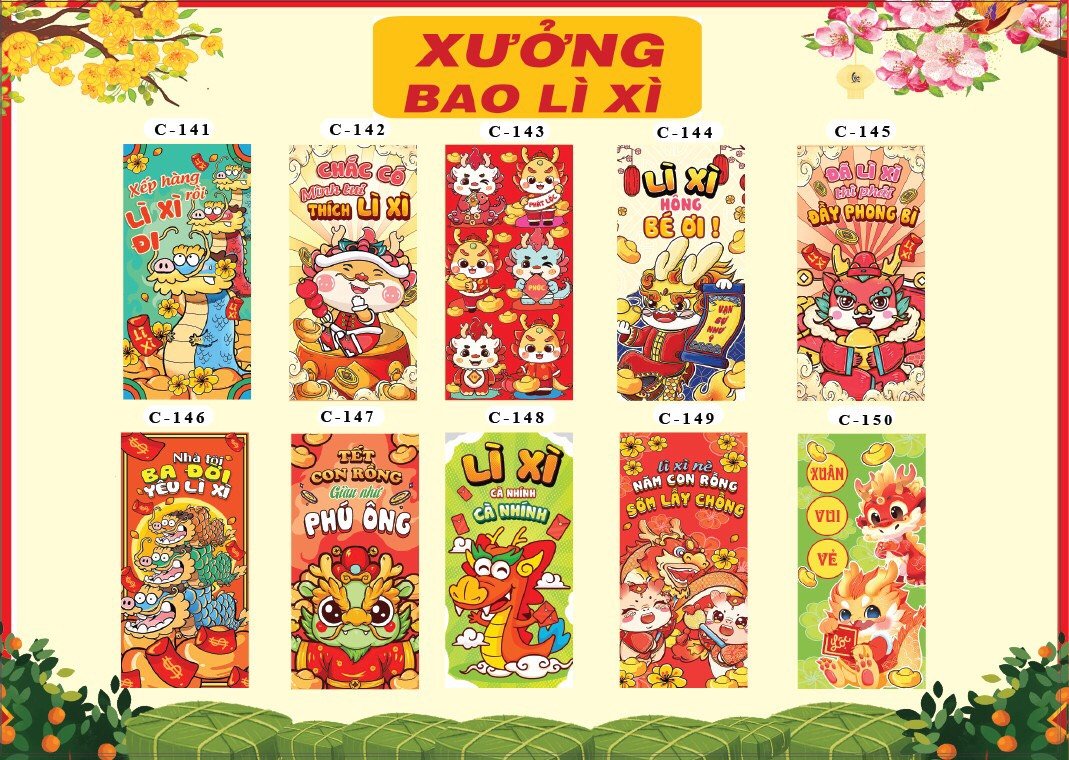 Combo 100 bao lì xì Trend 2024 - giấy bóng C150, bao lì xì tết
