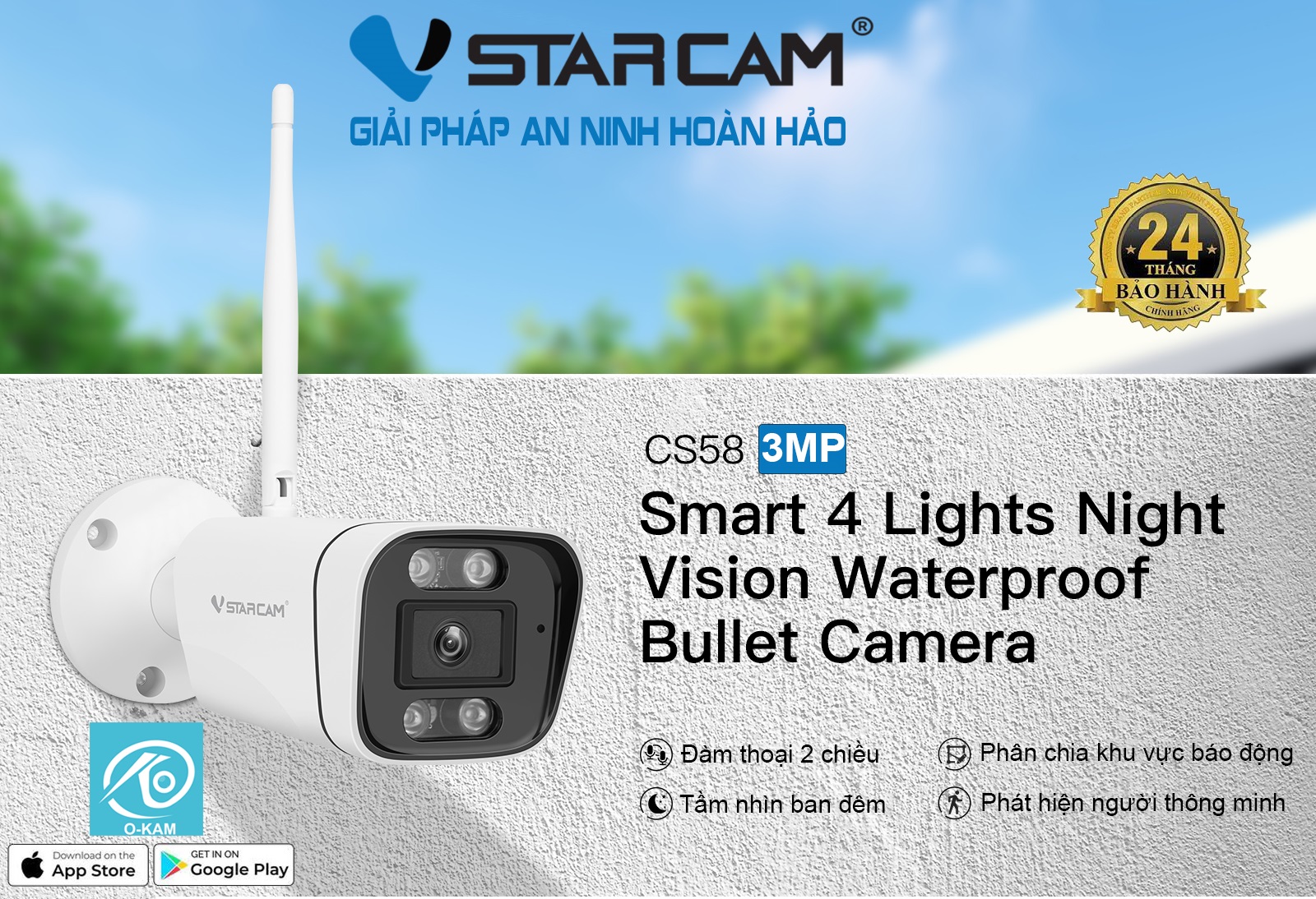 Camera IP Wifi STARCAM CS58 3MP Chính hãng (Thân Ngoài trời, Đàm thoại 2 chiều, Hồng ngoại 15m, Báo động, Kèm nguồn 12V)