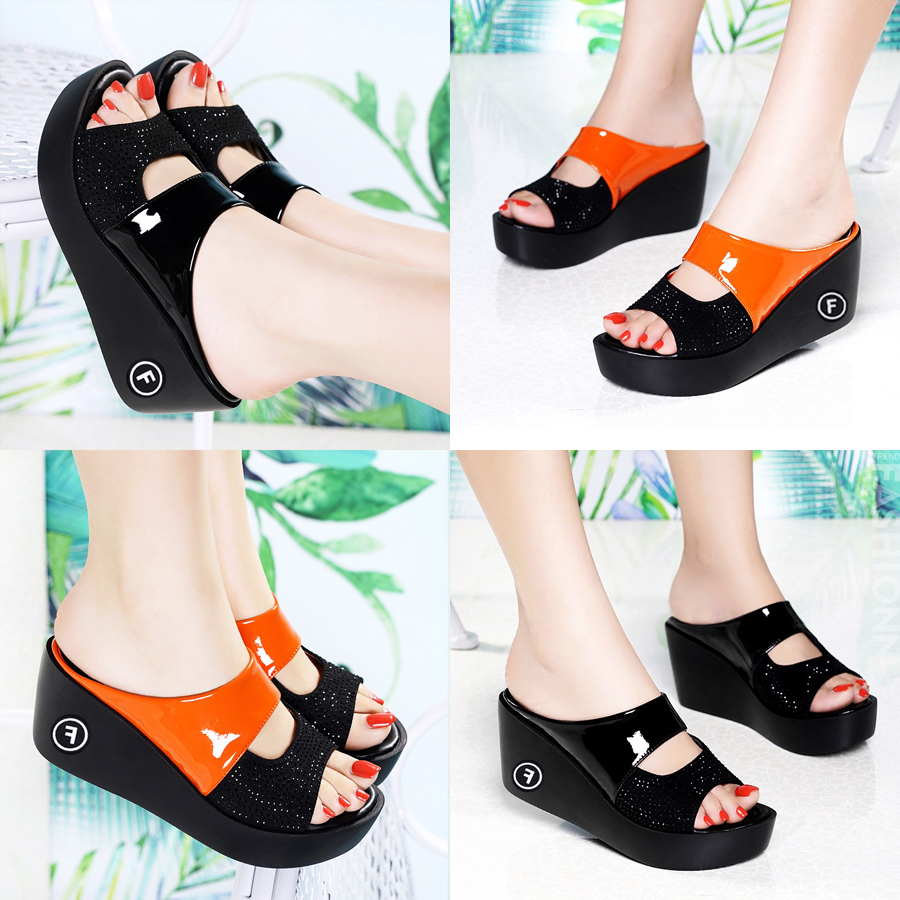 Dép da đế xuồng phối đá cao cấp (2 màu đen, cam) - SD468