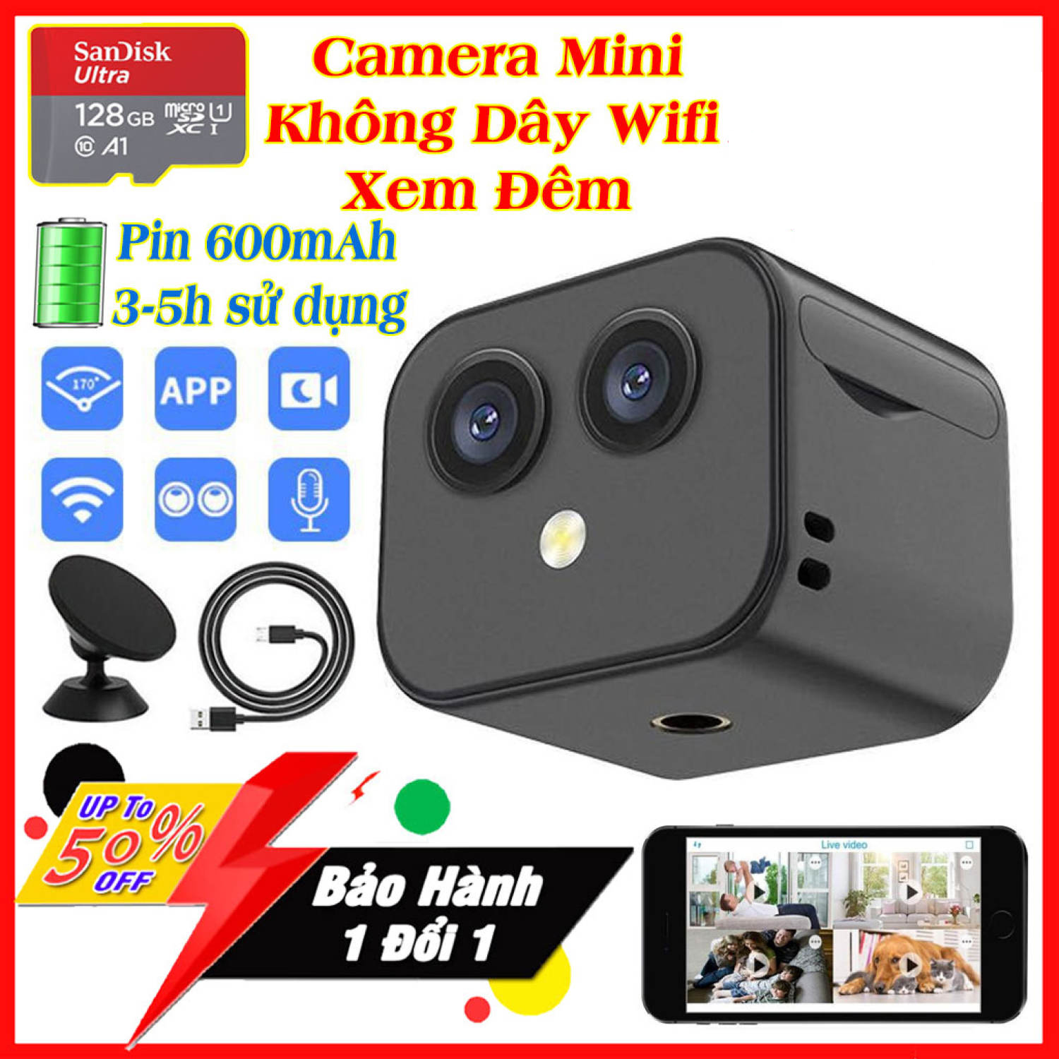 Camera Mini Camera Không Dây D3 Wifi 4K HD IP Ban Đêm Camera Mini 2 Mắt Siêu Sắc Nét Góc Rộng 170 Độ Cuộc Gọi Thoại Hai Chiều Pin Dung Lượng Cực Lớn Kết Nối Điện Thoại Từ Xa LỖI 1 ĐỔI 1