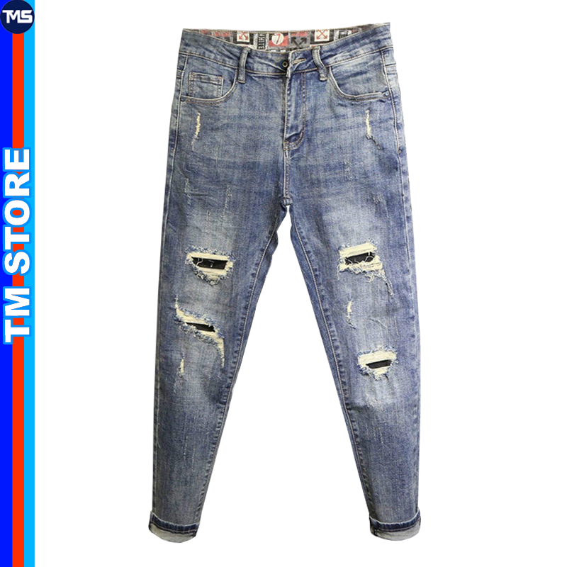 Quần jean nam màu xanh rách kiểu tmstore, chất vải jean co giãn mềm mịn - qjntcs48