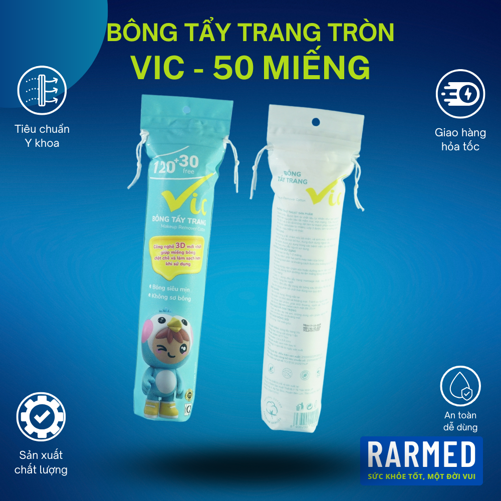Túi 50 bông tẩy trang tròn VIC, bông tẩy trang y tế & spa tiệt trùng