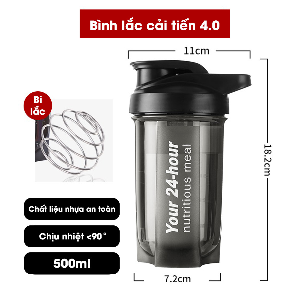 Bình Lắc Thể Thao Bình Lắc Tập Gym Thể Dục 500Ml Shaker Có Bi Lắc Thép