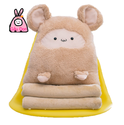 Bộ chăn gối chuột con Nâu lông xù 3 trong 1 gối 40cm chăn 1m7 chăn lông 2 mặt gối có ủ tay