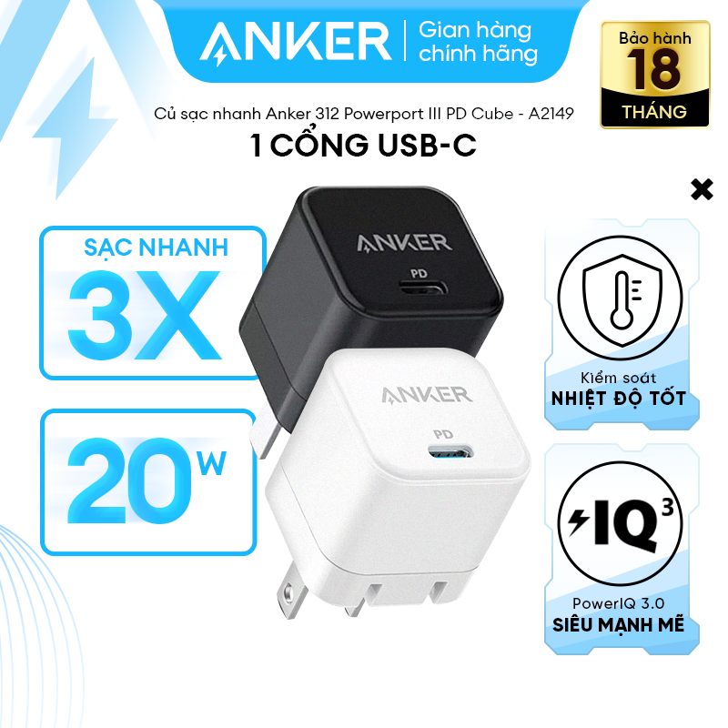 Củ sạc nhanh anker 312 powerport iii pd cube 20w - 1 cổng usb-c thích hợp cho iphone - a2149
