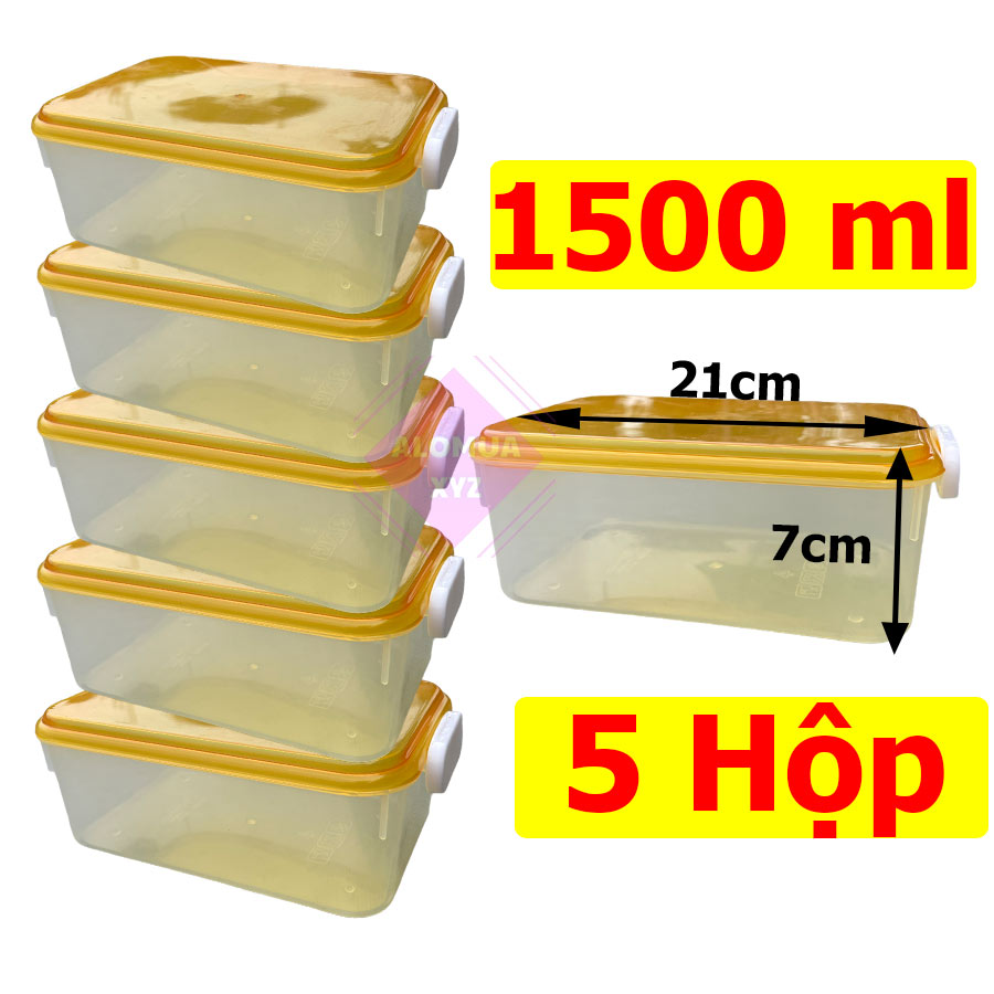 Combo 5 Hộp nhựa đựng thực phẩm chữ nhật cao cấp, dung tích 1500 ml, nắp khóa chắc chắn. Màu ngẫu nhiên-HCN-02
