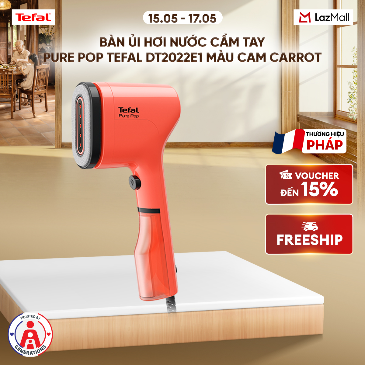 Bàn ủi hơi nước cầm tay Pure Pop Tefal DT2022E1 màu cam carrot